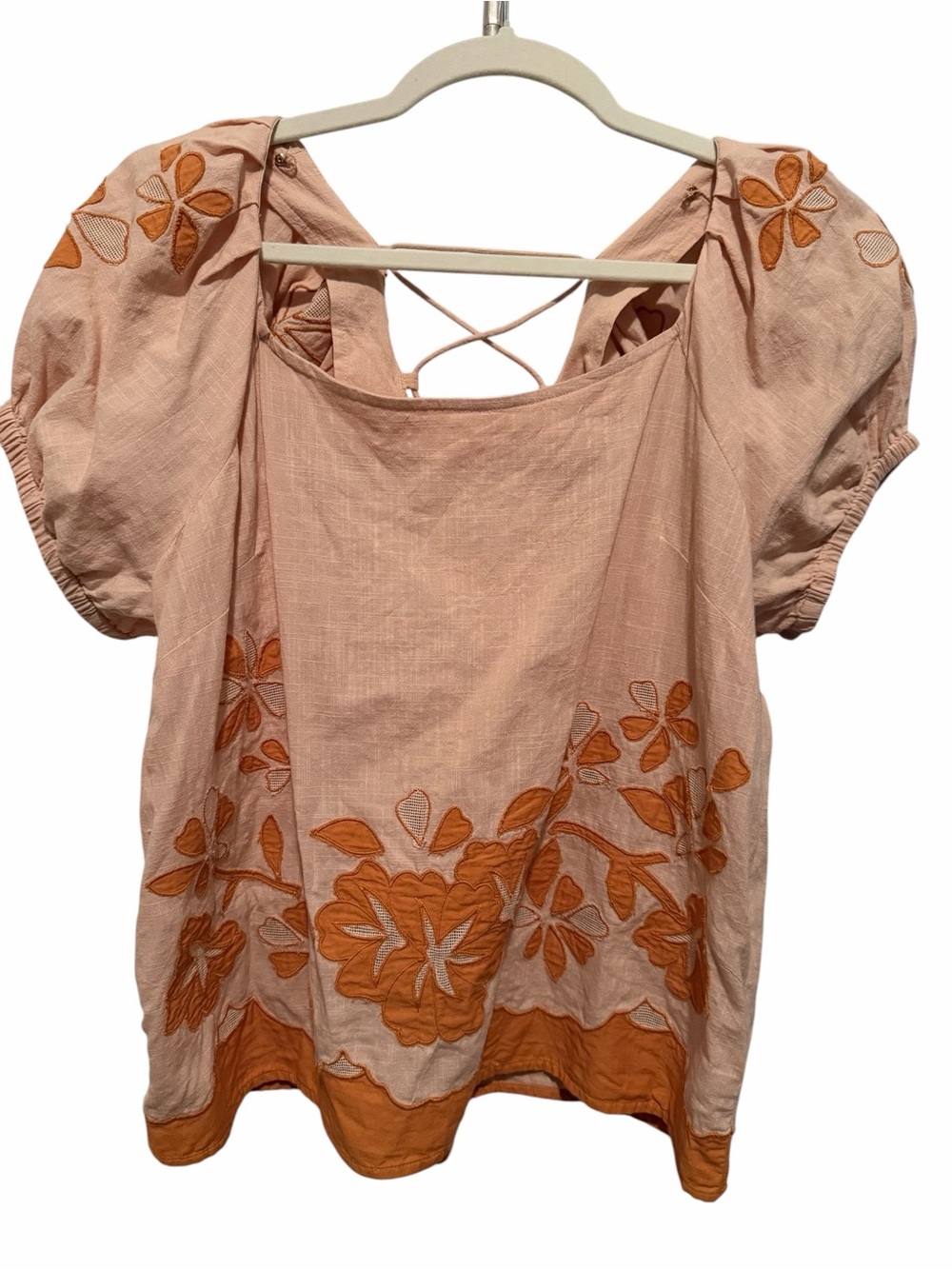 Madewell Puff-Sleeve Square Neck w/Crisscross Back Top W/Floral Embroidery Large